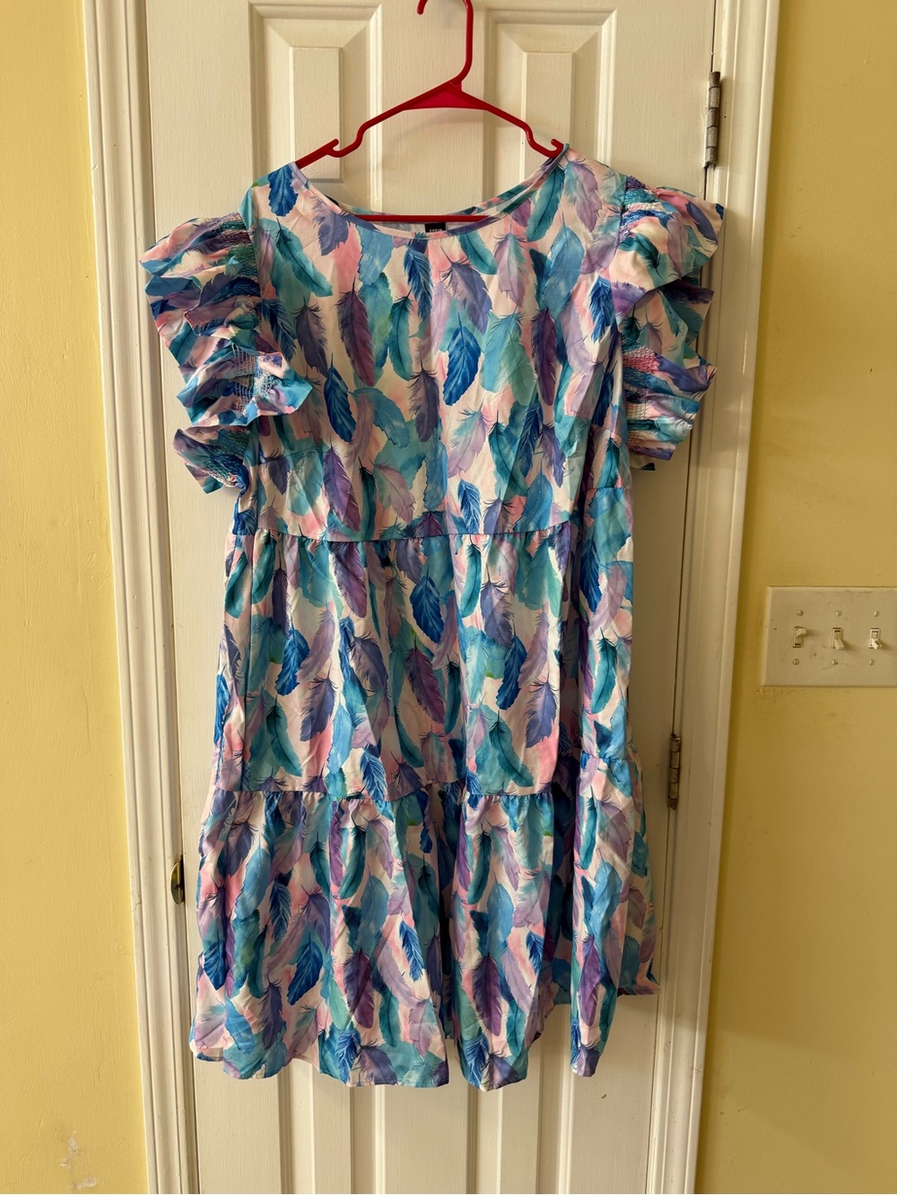 SHEIN Feather-Print Ruffle Sleeve Dress - Blue & Pink